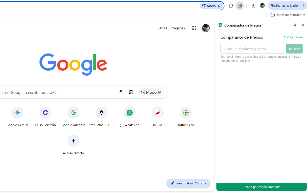 Side panel de Comparador de Precios en Chrome con el buscador vacío, listo para escribir un producto